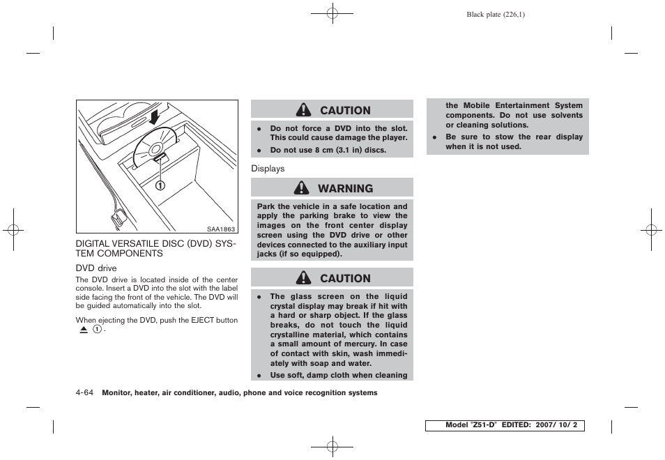 Digital versatile disc (dvd) system, Components -64, Caution | Warning | NISSAN 2009 Murano User Manual | Page 228 / 443