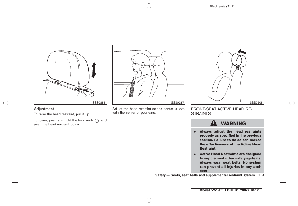 Front-seat active head restraints -9, Warning | NISSAN 2009 Murano User Manual | Page 23 / 443
