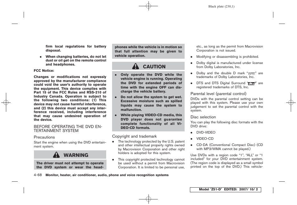 Before operating the dvd entertainment system -68, Warning, Caution | NISSAN 2009 Murano User Manual | Page 232 / 443