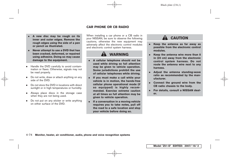 Car phone or cb radio -74, Warning, Caution | NISSAN 2009 Murano User Manual | Page 238 / 443