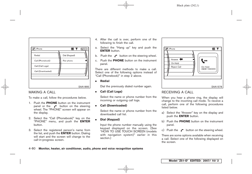 Making a call -80 receiving a call -80 | NISSAN 2009 Murano User Manual | Page 244 / 443