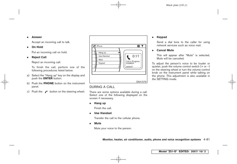 During a call -81 | NISSAN 2009 Murano User Manual | Page 245 / 443