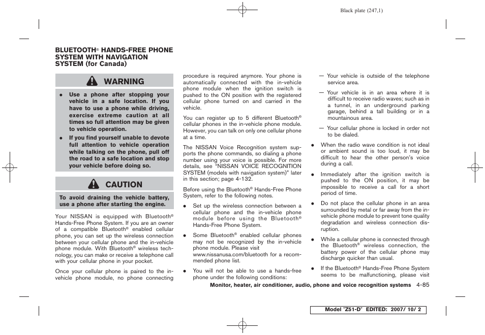 Bluetooth, Hands-free phone system with, Navigation system (for canada) -85 | Warning, Caution | NISSAN 2009 Murano User Manual | Page 249 / 443