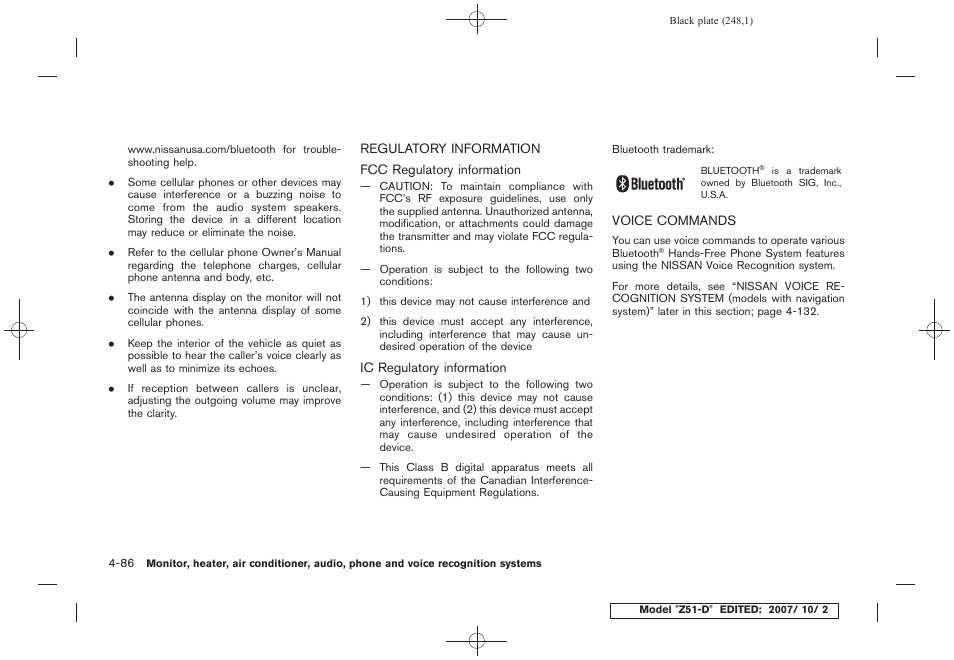 Regulatory information -86 voice commands -86 | NISSAN 2009 Murano User Manual | Page 250 / 443