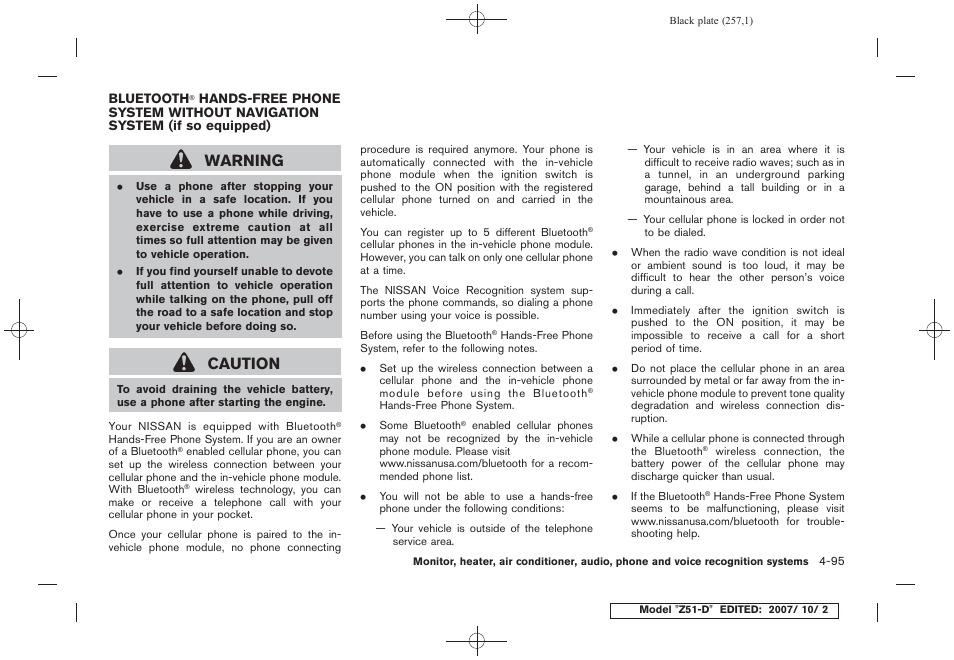 Bluetooth, Hands-free phone system without, Navigation system (if so equipped) -95 | Warning, Caution | NISSAN 2009 Murano User Manual | Page 259 / 443