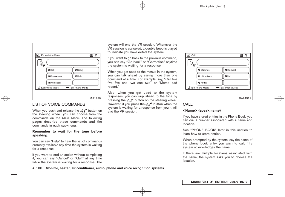 List of voice commands -100 call -100 | NISSAN 2009 Murano User Manual | Page 264 / 443