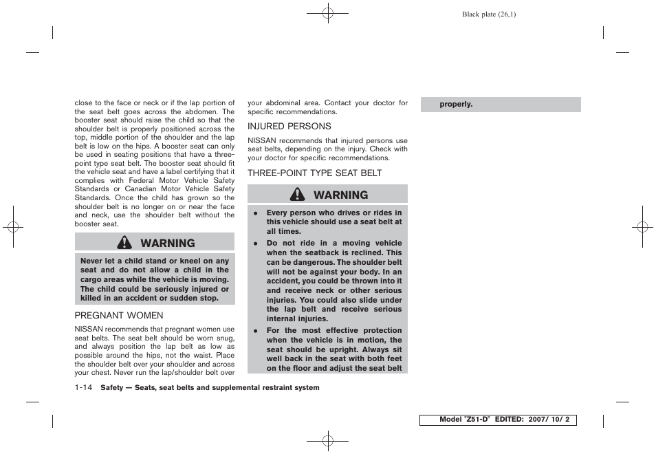 Warning | NISSAN 2009 Murano User Manual | Page 28 / 443