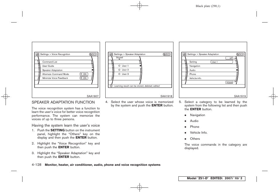 Speaker adaptation function -128 | NISSAN 2009 Murano User Manual | Page 292 / 443