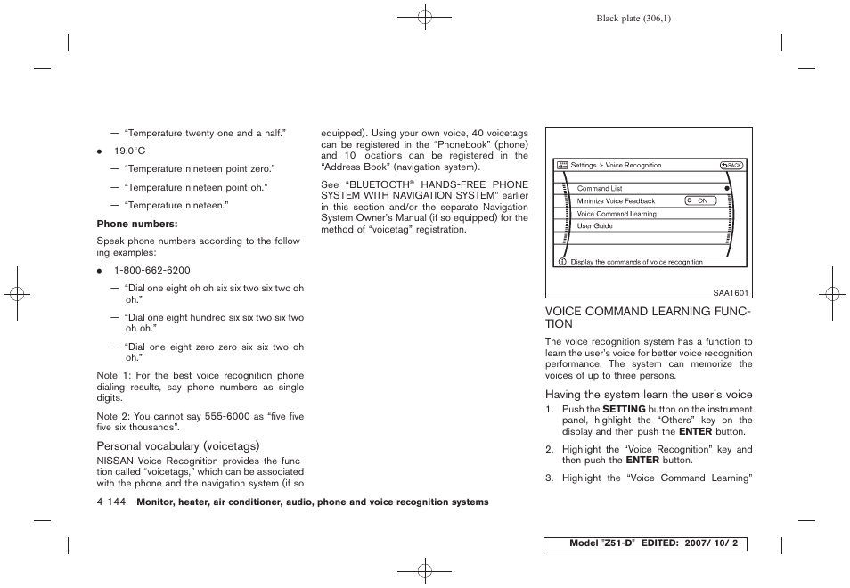 Voice command learning function -144 | NISSAN 2009 Murano User Manual | Page 308 / 443