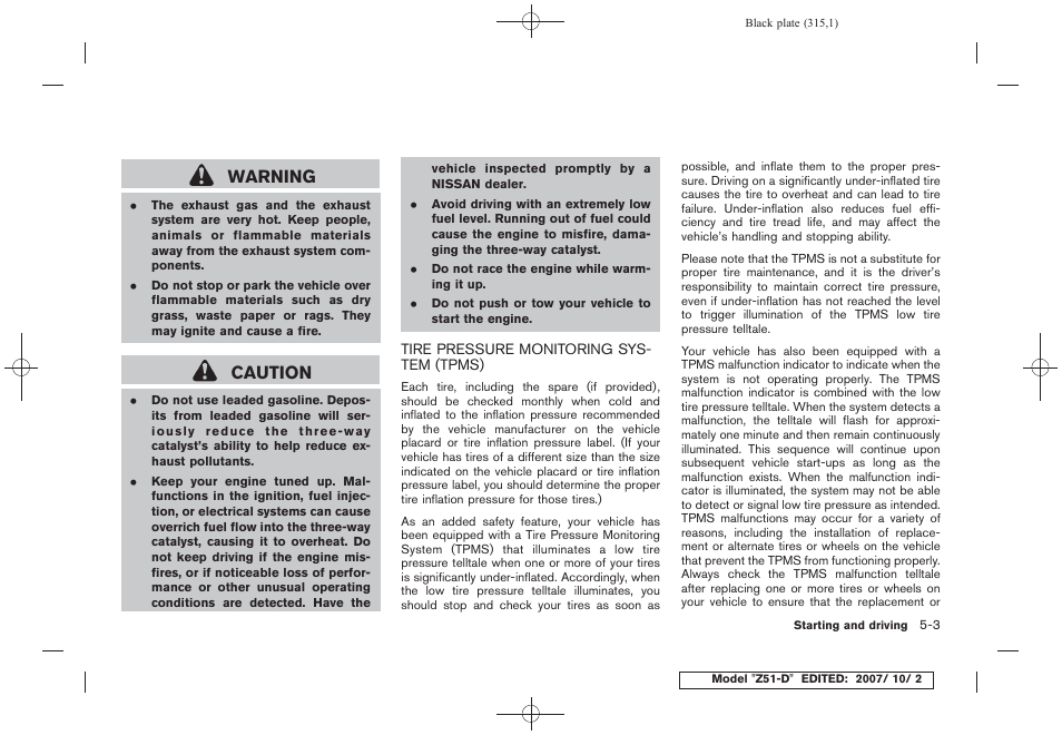 Tire pressure monitoring system (tpms) -3, Warning, Caution | NISSAN 2009 Murano User Manual | Page 315 / 443