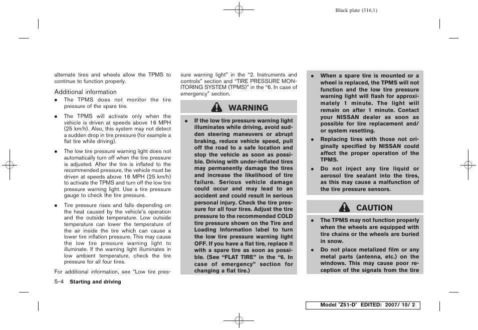 Warning, Caution | NISSAN 2009 Murano User Manual | Page 316 / 443