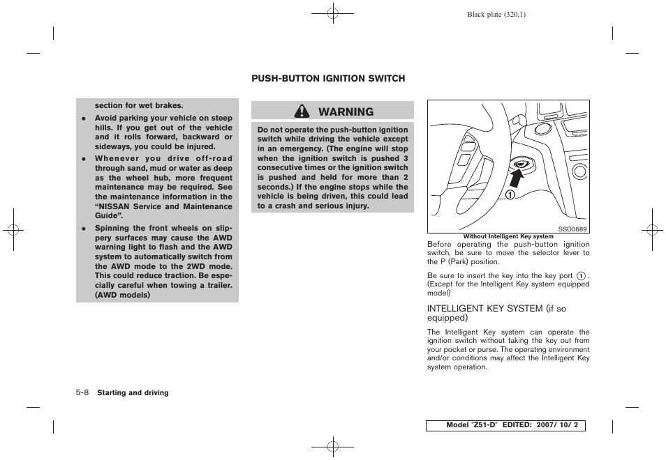 Push-button ignition switch -8, Intelligent key system (if so equipped) -8, Warning | NISSAN 2009 Murano User Manual | Page 320 / 443