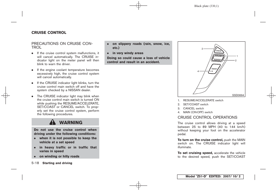 Cruise control -18, Warning | NISSAN 2009 Murano User Manual | Page 330 / 443