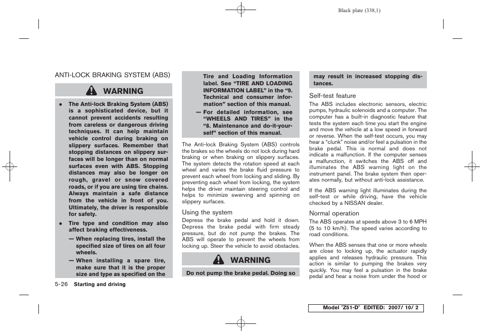 Anti-lock braking system (abs) -26, Warning | NISSAN 2009 Murano User Manual | Page 338 / 443