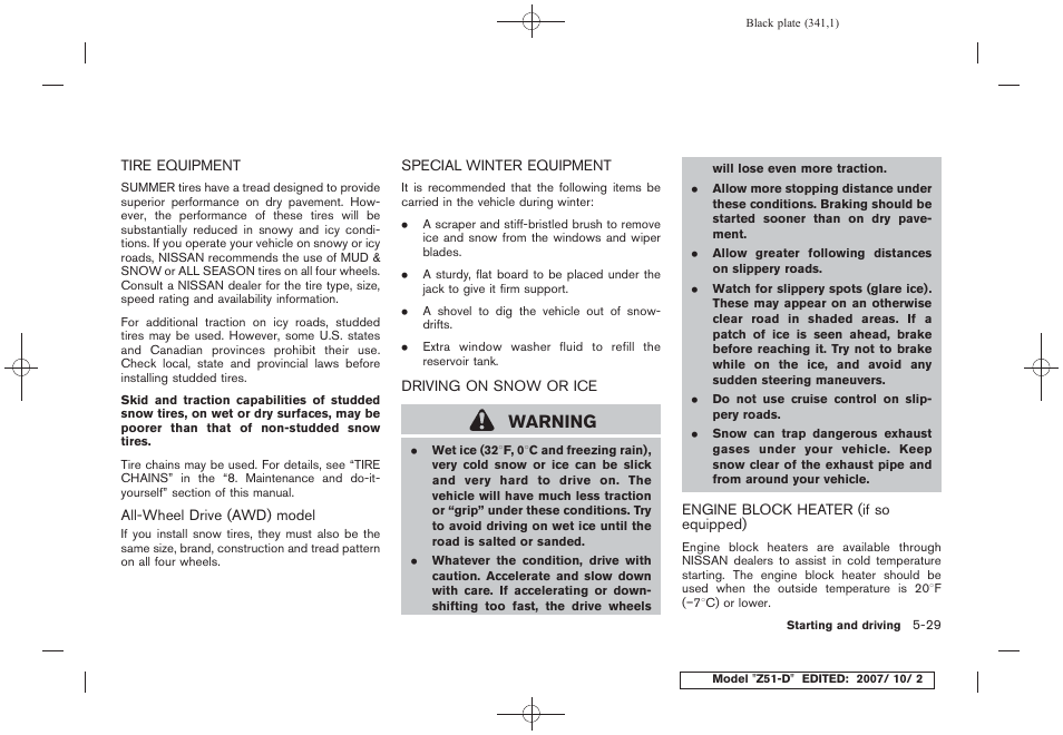 Warning | NISSAN 2009 Murano User Manual | Page 341 / 443