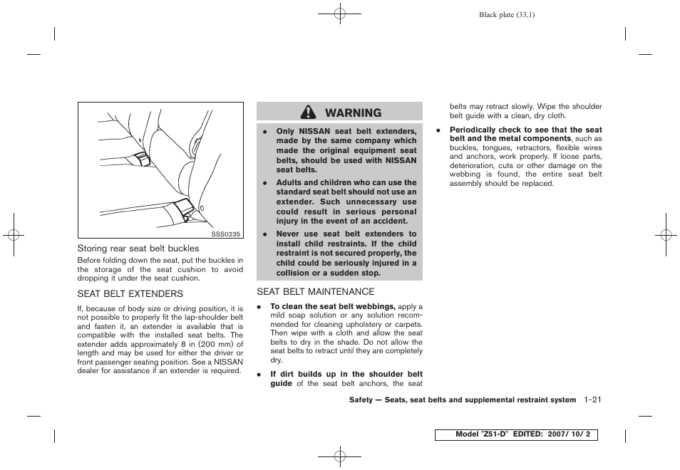 Seat belt extenders -21 seat belt maintenance -21, Warning | NISSAN 2009 Murano User Manual | Page 35 / 443