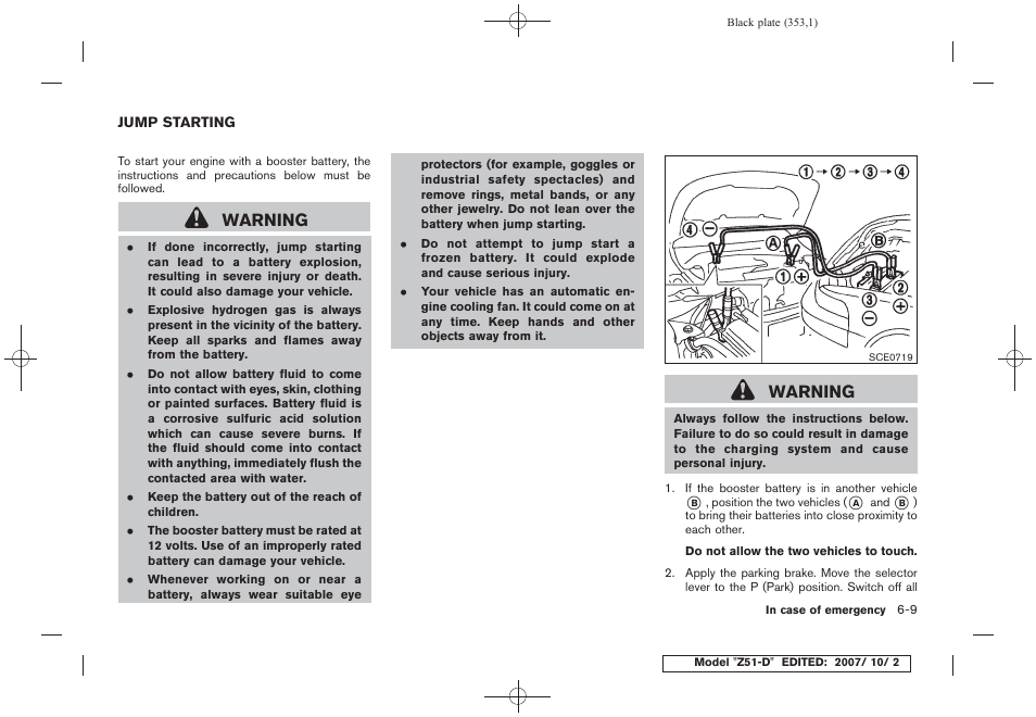 Jump starting -9, Warning | NISSAN 2009 Murano User Manual | Page 351 / 443