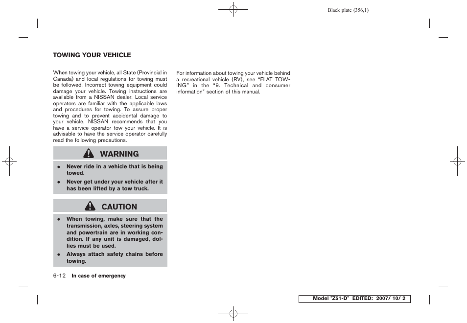 Towing your vehicle -12, Warning, Caution | NISSAN 2009 Murano User Manual | Page 354 / 443