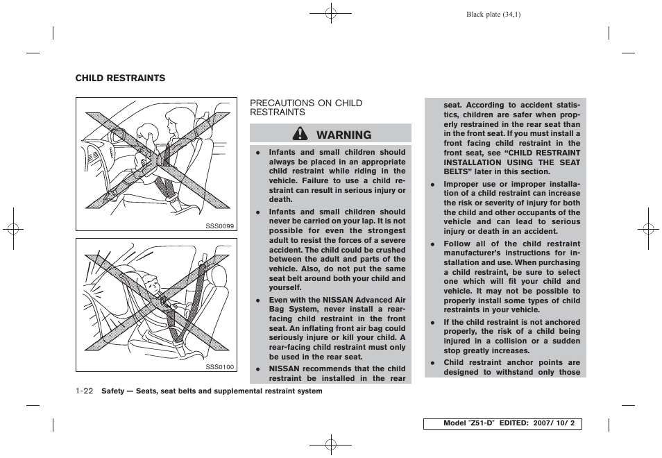 Child restraints -22, Precautions on child restraints -22, Warning | NISSAN 2009 Murano User Manual | Page 36 / 443