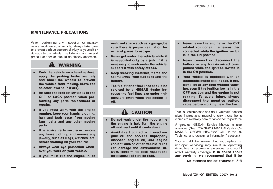 Maintenance precautions -5, Warning, Caution | NISSAN 2009 Murano User Manual | Page 369 / 443