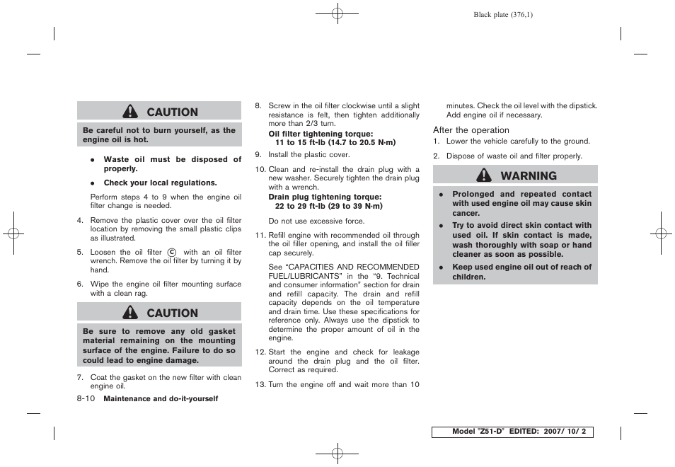 Caution, Warning | NISSAN 2009 Murano User Manual | Page 374 / 443