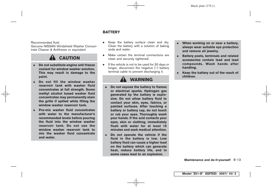 Battery -13, Caution, Warning | NISSAN 2009 Murano User Manual | Page 377 / 443