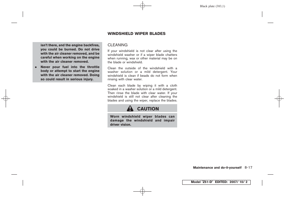 Windshield wiper blades -17, Cleaning -17, Caution | NISSAN 2009 Murano User Manual | Page 381 / 443