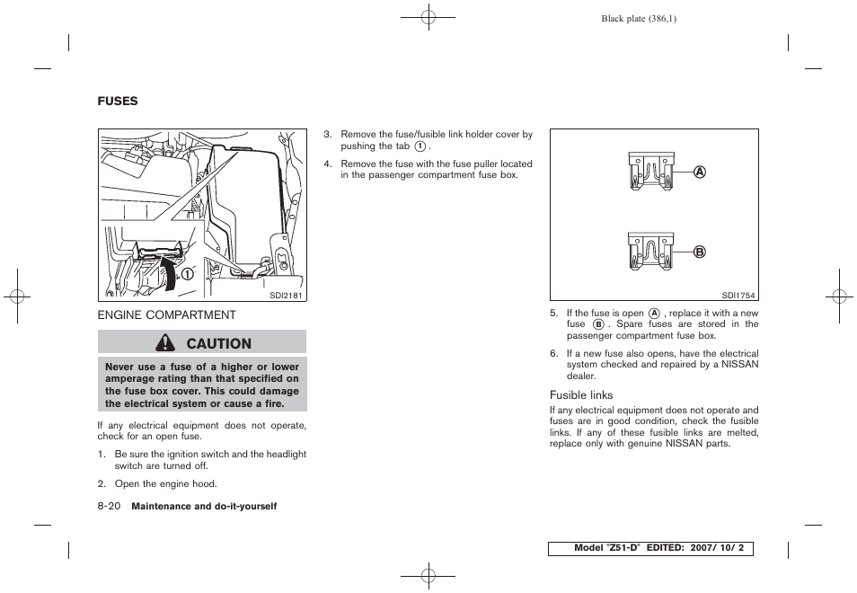 Fuses -20, Engine compartment -20, Caution | NISSAN 2009 Murano User Manual | Page 384 / 443
