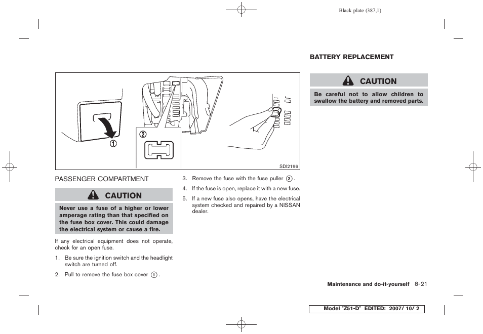 Passenger compartment -21, Battery replacement -21, Caution | NISSAN 2009 Murano User Manual | Page 385 / 443