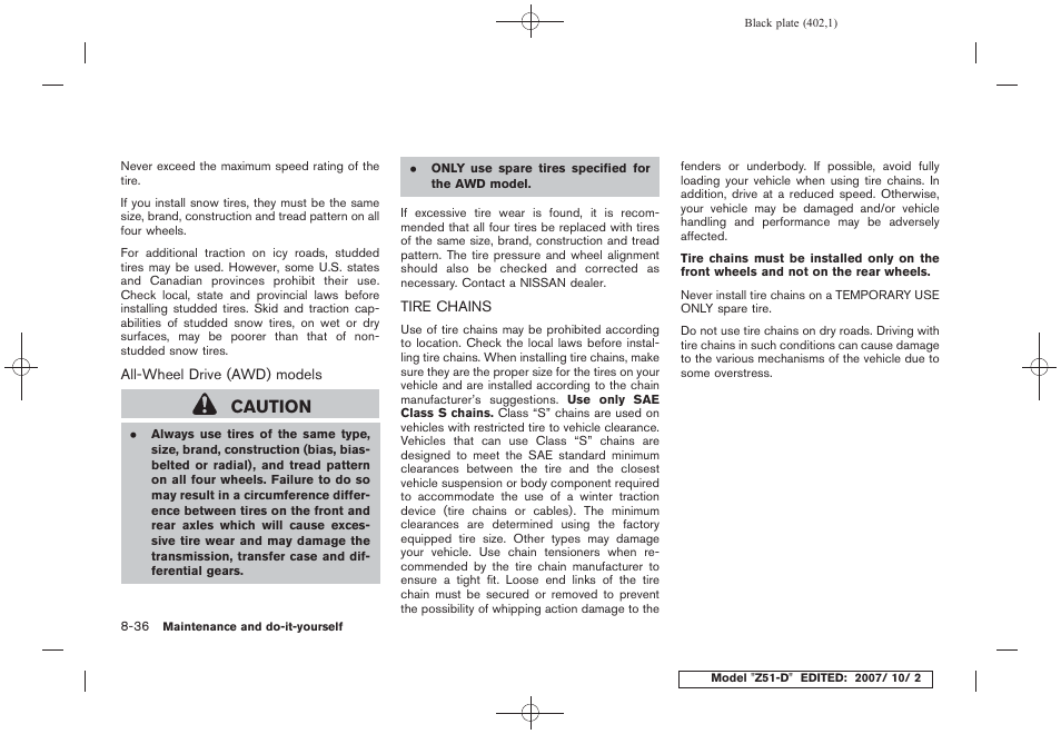 Tire chains -36, Caution | NISSAN 2009 Murano User Manual | Page 400 / 443