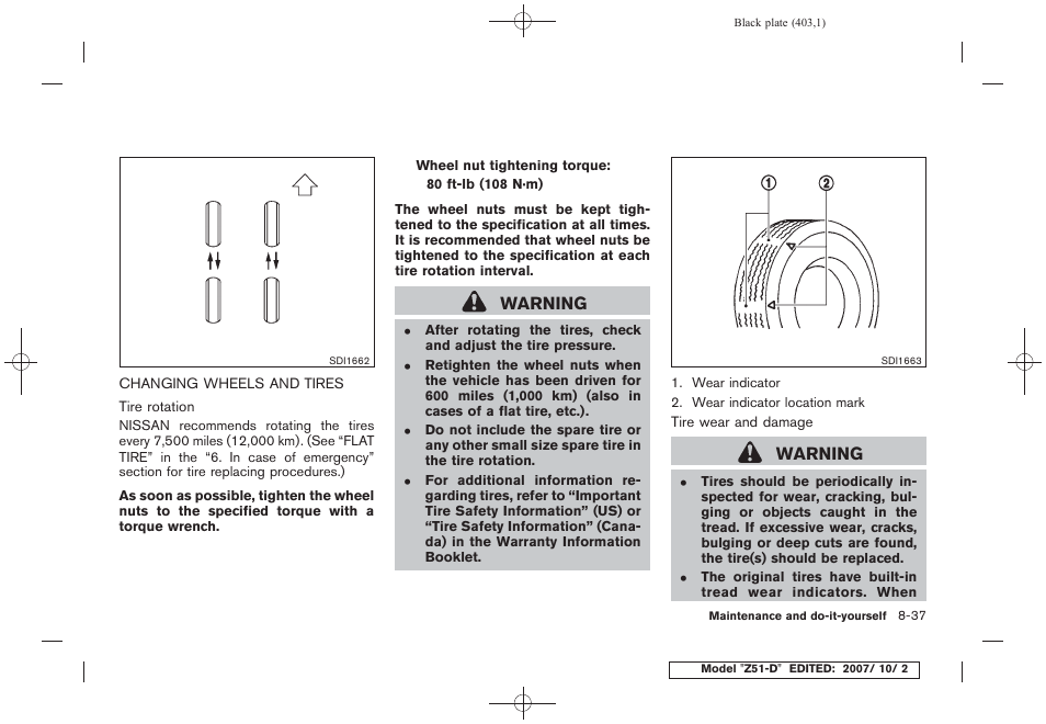 Changing wheels and tires -37, Warning | NISSAN 2009 Murano User Manual | Page 401 / 443