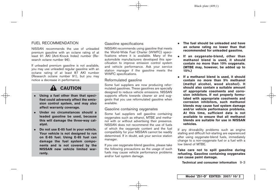 Fuel recommendation -3, Caution | NISSAN 2009 Murano User Manual | Page 407 / 443