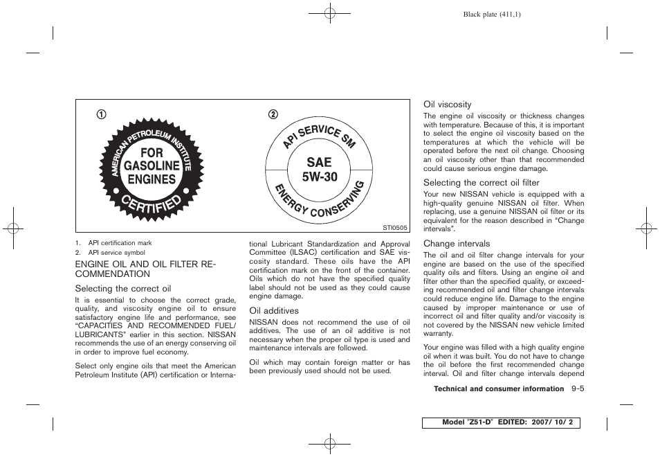 Engine oil and oil filter recommendation -5 | NISSAN 2009 Murano User Manual | Page 409 / 443