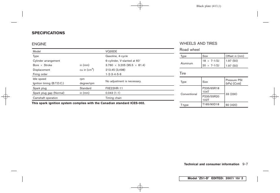 Specifications -7, Engine -7 wheels and tires -7 | NISSAN 2009 Murano User Manual | Page 411 / 443