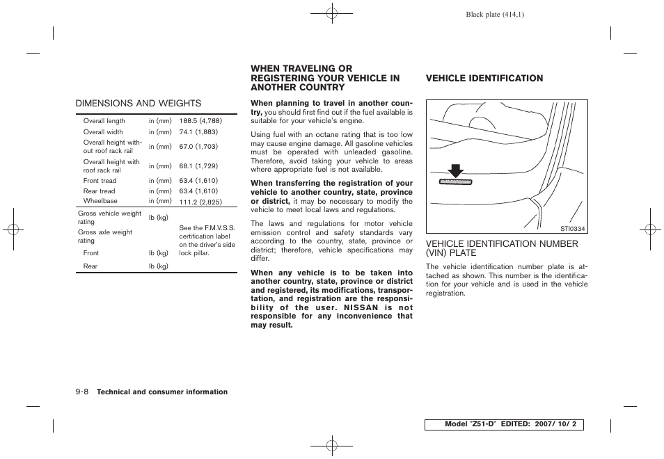 Dimensions and weights -8, Vehicle identification number (vin) plate -8 | NISSAN 2009 Murano User Manual | Page 412 / 443