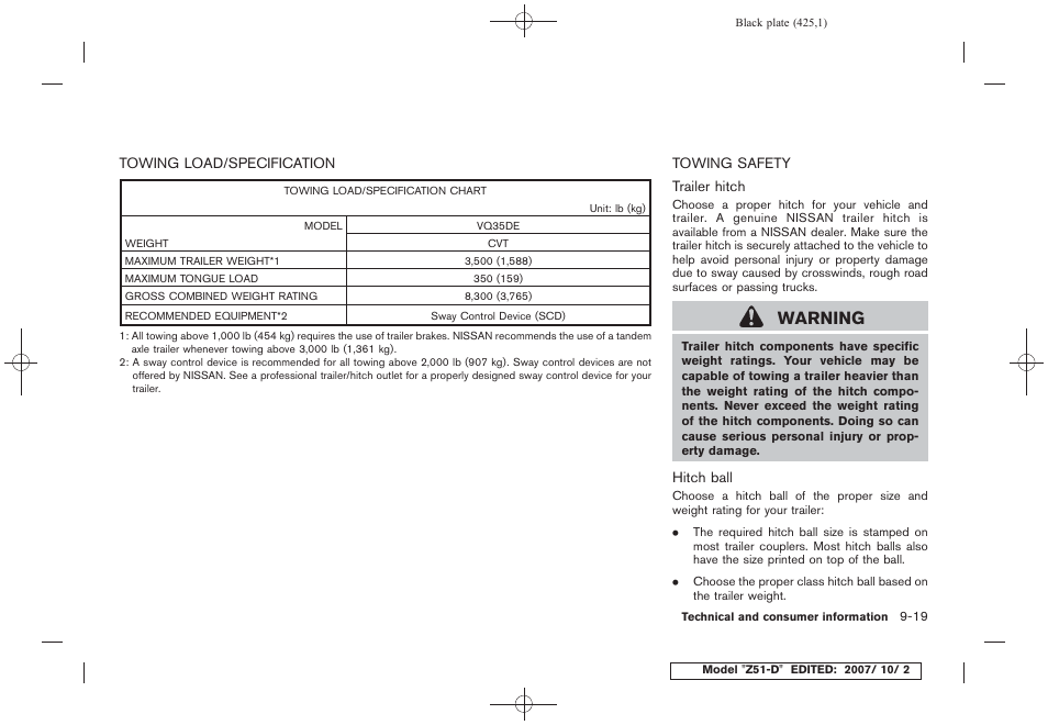 Towing load/specification -19 towing safety -19, Warning | NISSAN 2009 Murano User Manual | Page 423 / 443