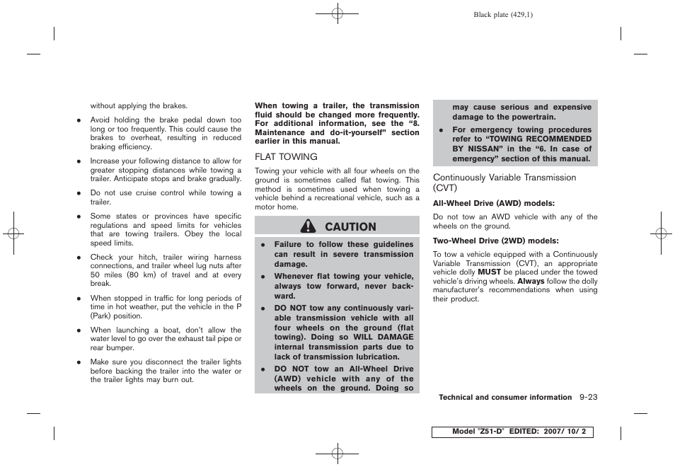 Flat towing -23, Caution | NISSAN 2009 Murano User Manual | Page 427 / 443