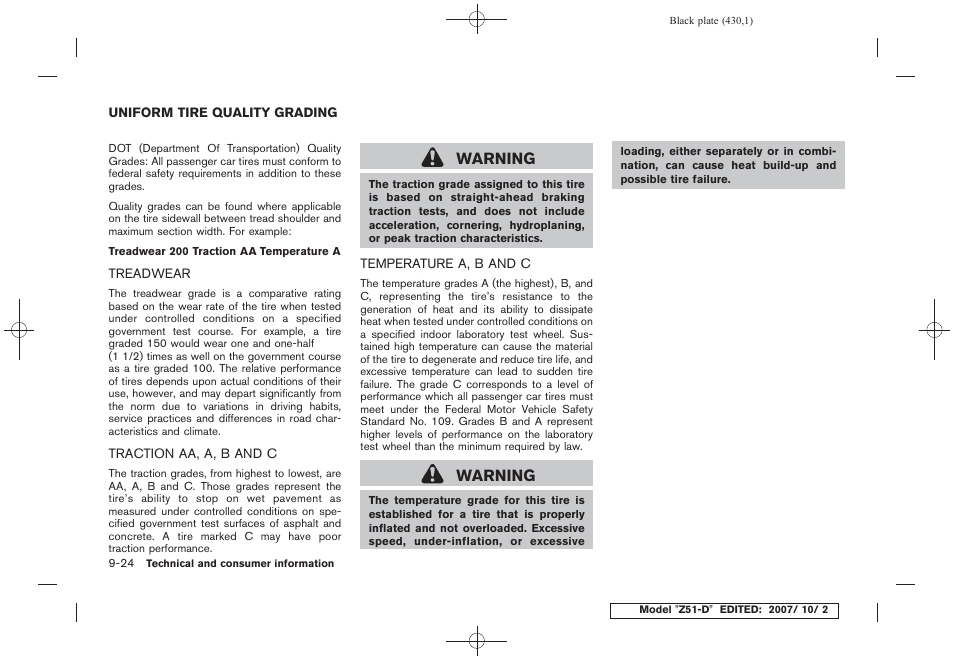 Uniform tire quality grading -24, Warning | NISSAN 2009 Murano User Manual | Page 428 / 443