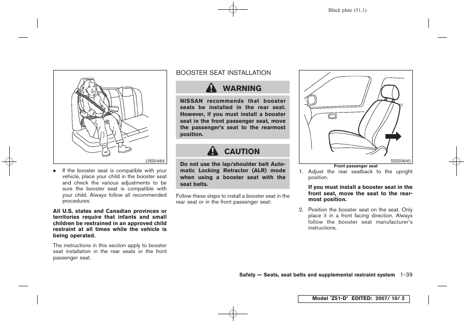 Booster seat installation -39, Warning, Caution | NISSAN 2009 Murano User Manual | Page 53 / 443