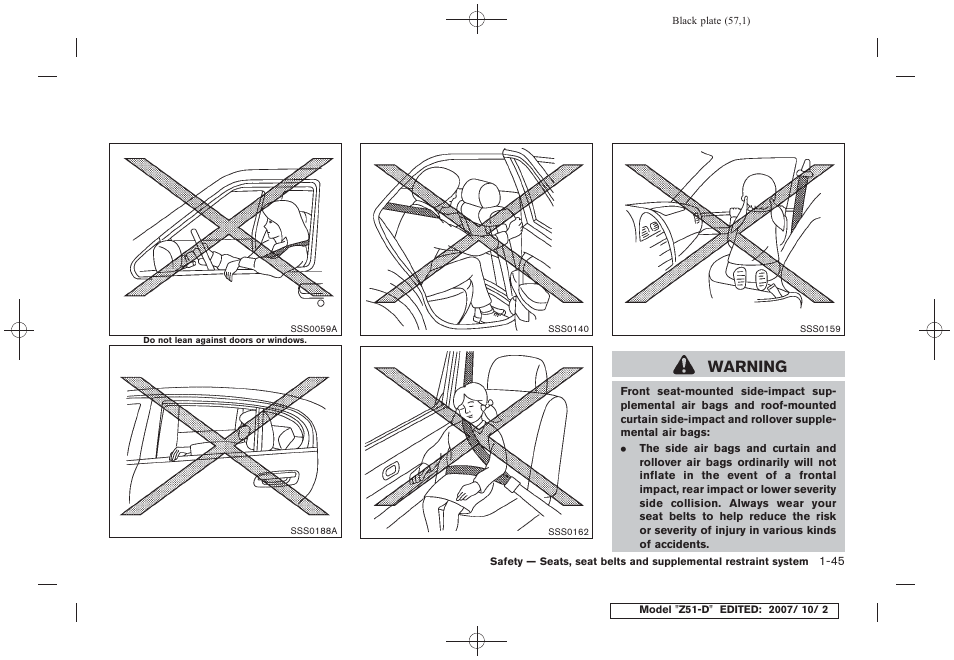 Warning | NISSAN 2009 Murano User Manual | Page 59 / 443