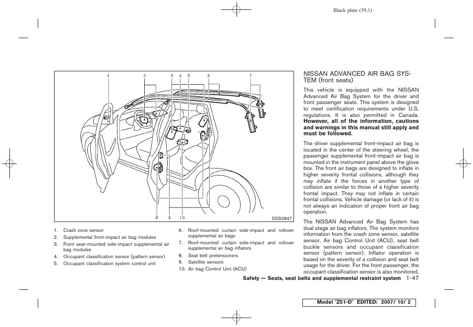 Nissan advanced air bag system (front seats) -47 | NISSAN 2009 Murano User Manual | Page 61 / 443