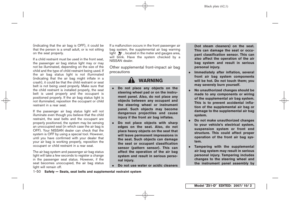 Warning | NISSAN 2009 Murano User Manual | Page 64 / 443