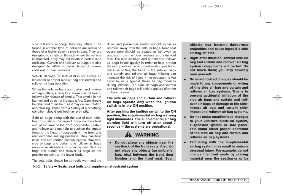 Warning | NISSAN 2009 Murano User Manual | Page 66 / 443