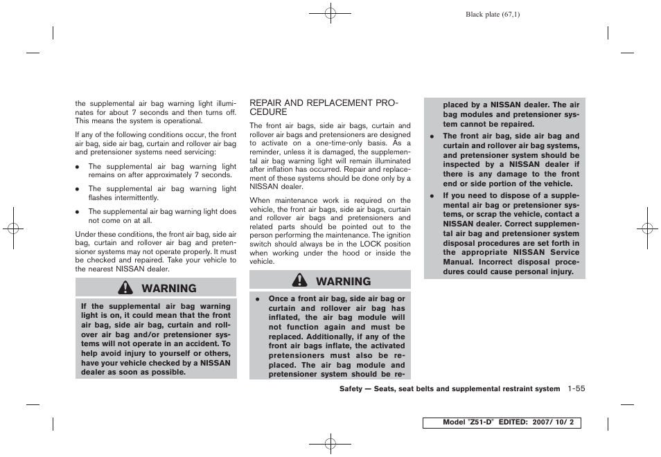 Repair and replacement procedure -55, Warning | NISSAN 2009 Murano User Manual | Page 69 / 443