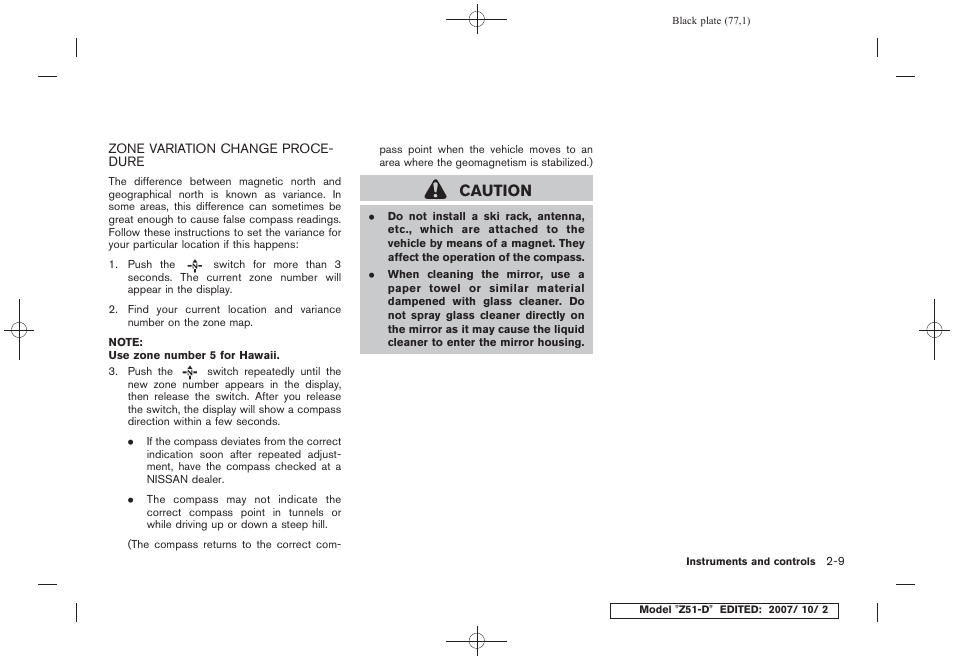 Zone variation change procedure -9, Caution | NISSAN 2009 Murano User Manual | Page 79 / 443