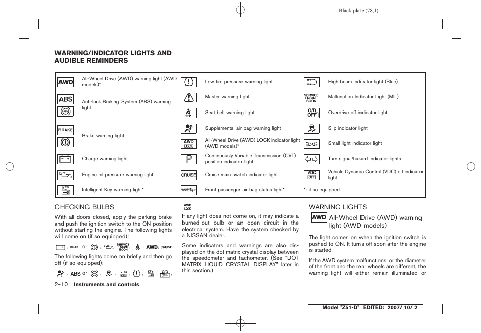 Warning/indicator lights and audible reminders -10, Checking bulbs -10 warning lights -10 | NISSAN 2009 Murano User Manual | Page 80 / 443