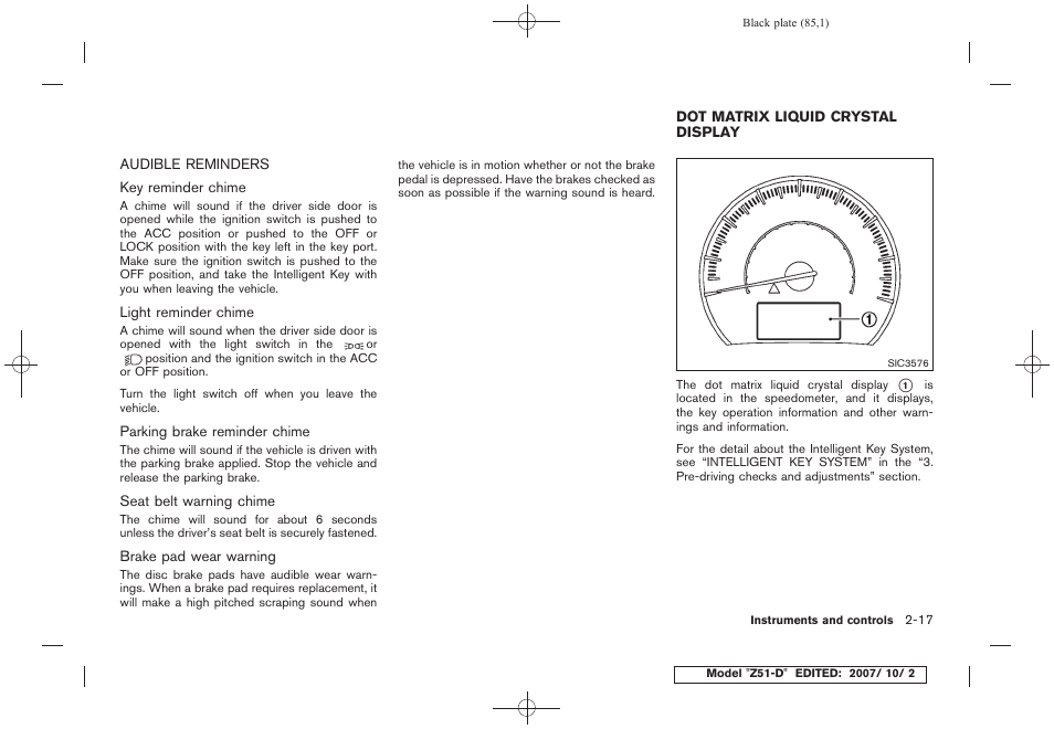 Audible reminders -17, Dot matrix liquid crystal display -17 | NISSAN 2009 Murano User Manual | Page 87 / 443