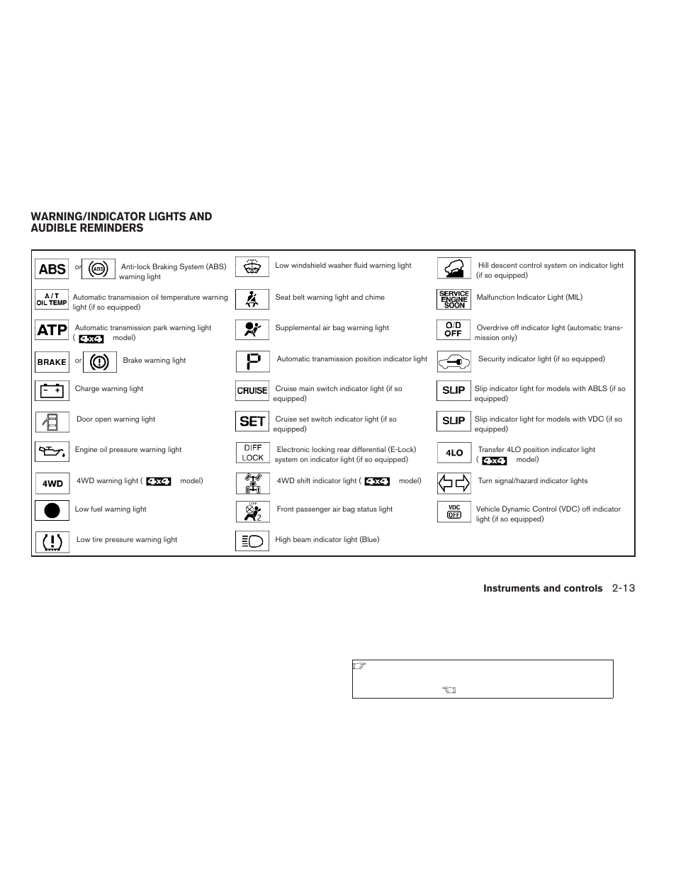 Warning/indicator lights and audible reminders -13, Warning/indicator lights and audible reminders | NISSAN 2009 Frontier User Manual | Page 101 / 366
