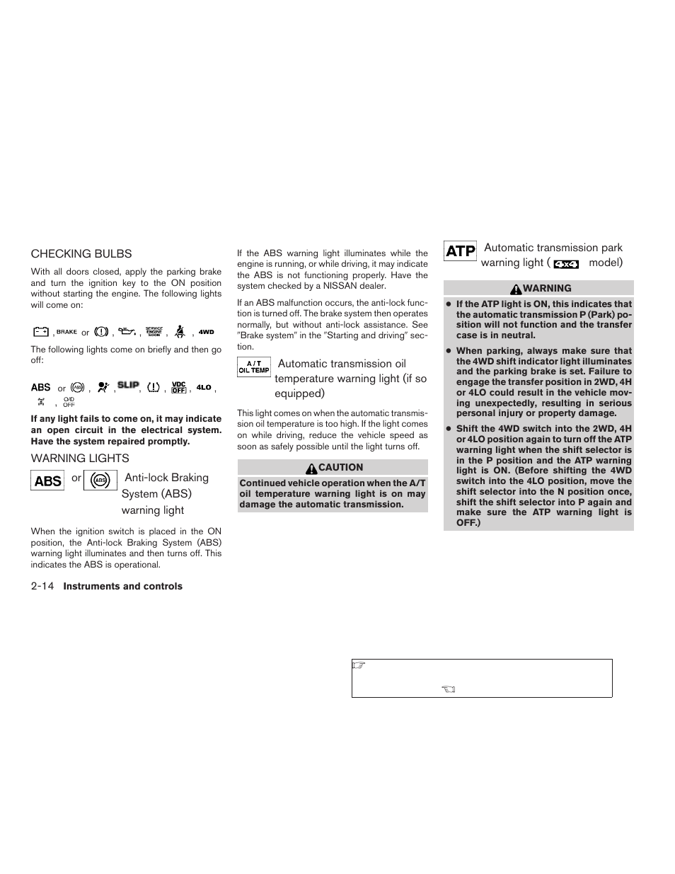 Checking bulbs -14 warning lights -14 | NISSAN 2009 Frontier User Manual | Page 102 / 366