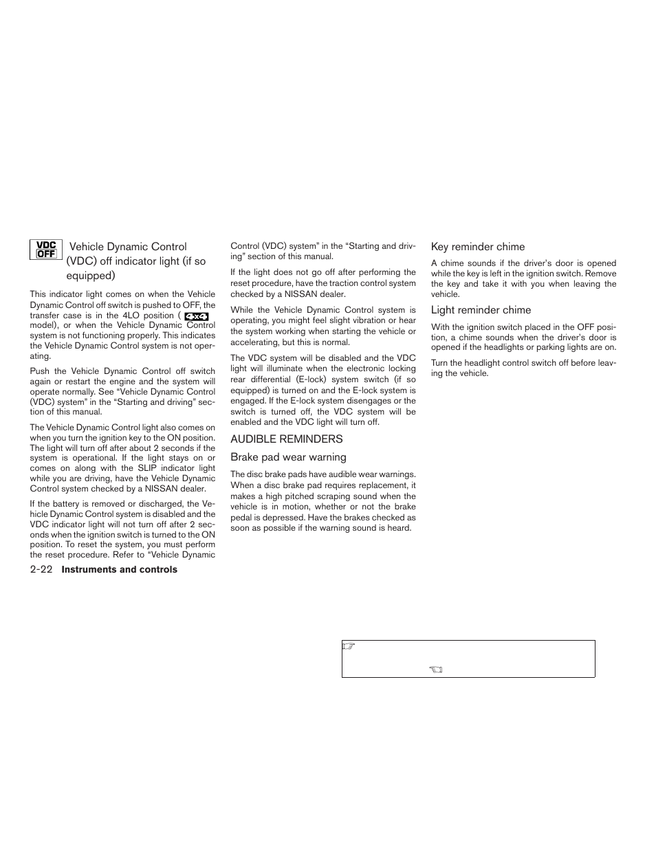 Audible reminders -22 | NISSAN 2009 Frontier User Manual | Page 110 / 366